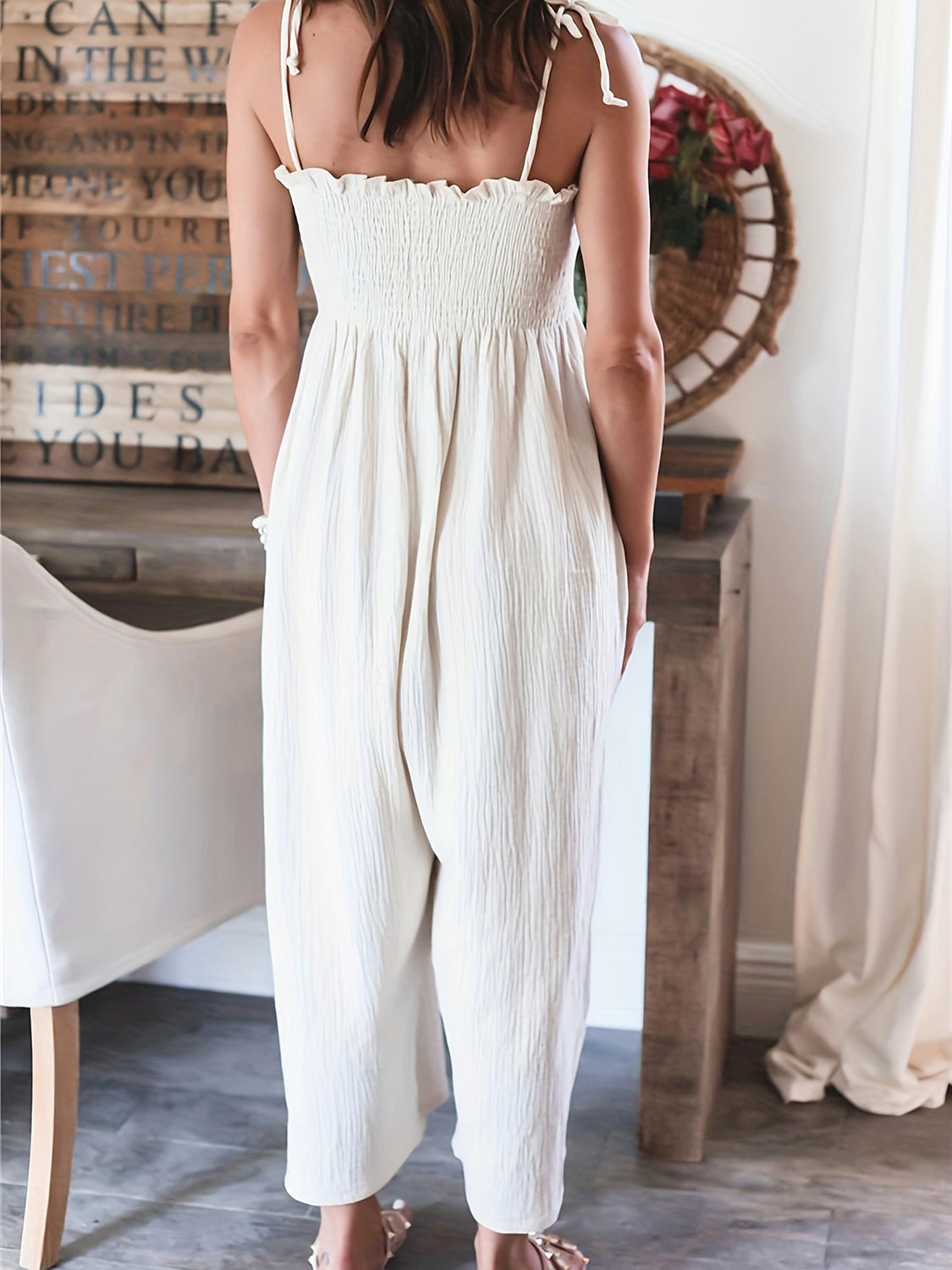 Full Size Smocked Spaghetti Strap Wide Leg Jumpsuit - AMIN Clothing 