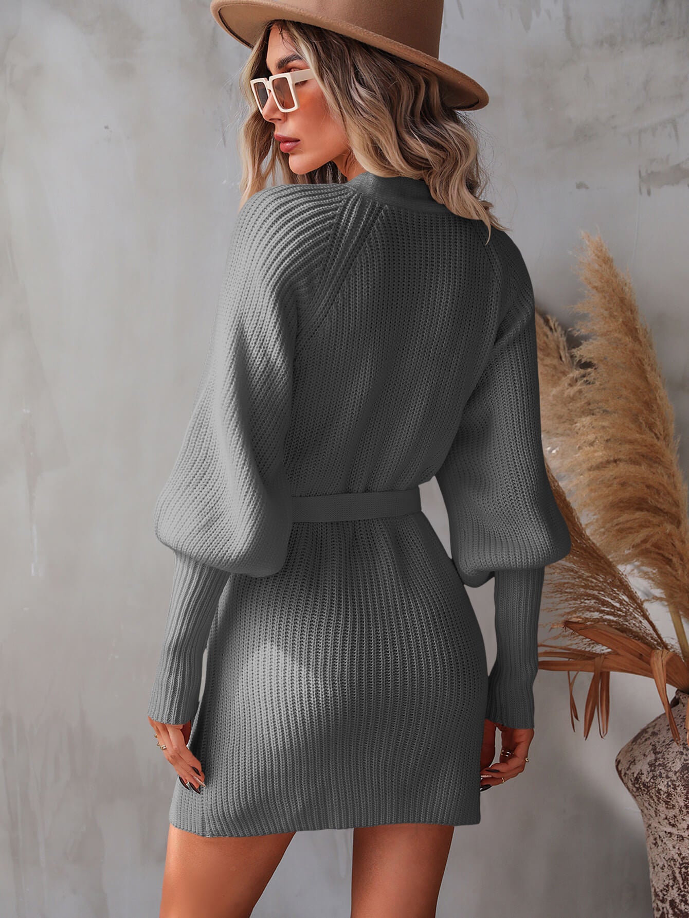 Belted Surplice Lantern Sleeve Wrap Sweater Dress - AMIN Clothing 