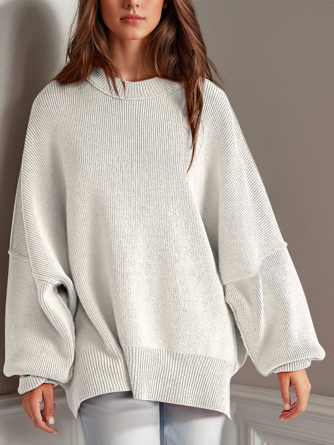 Double Take Side Slit Round Neck Long Sleeve Sweater - AMIN Clothing 