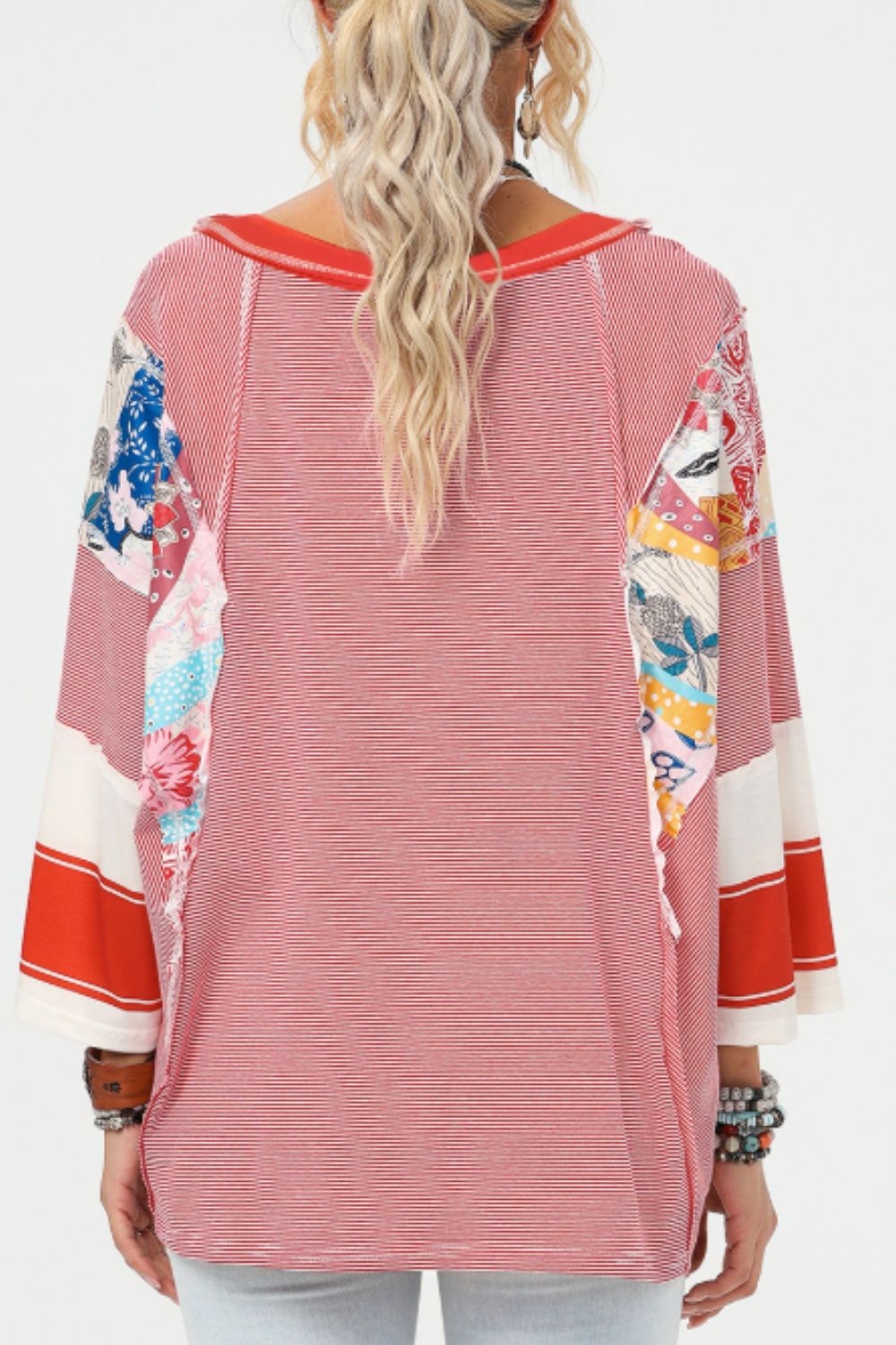 Striped Floral Patchwork Round Neck Top - AMIN Clothing 