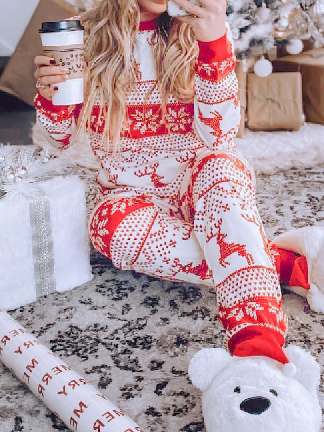 Full Size Christmas Element Round Neck Top and Pants Set - AMIN Clothing 