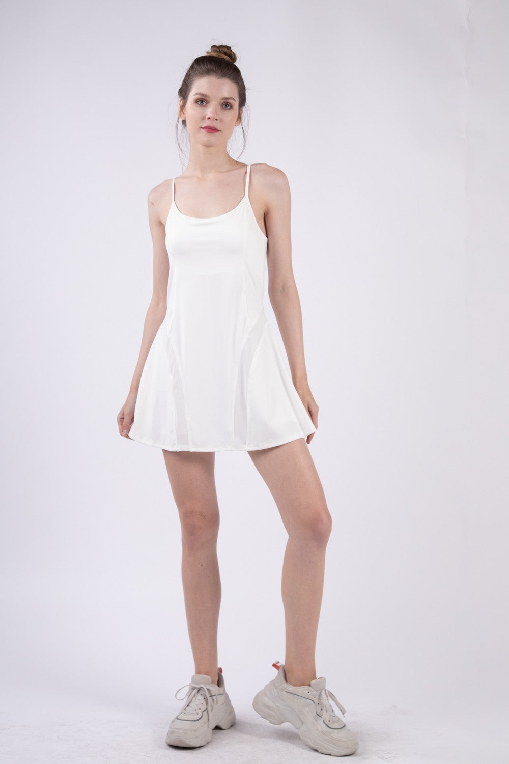 VERY J Mesh Detail Tennis Mini Active Dress with Shorts Inside - AMIN Clothing 