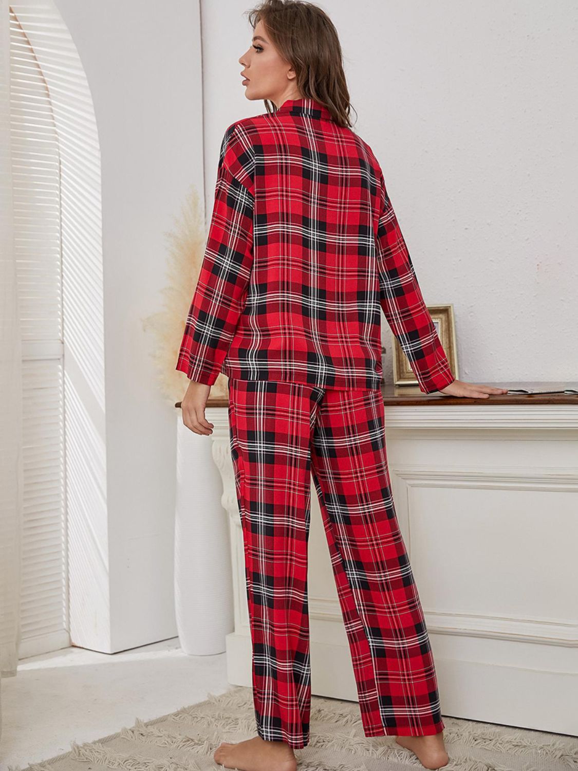 Plaid Collared Neck Long Sleeve Top and Pants Lounge Set - AMIN Clothing 