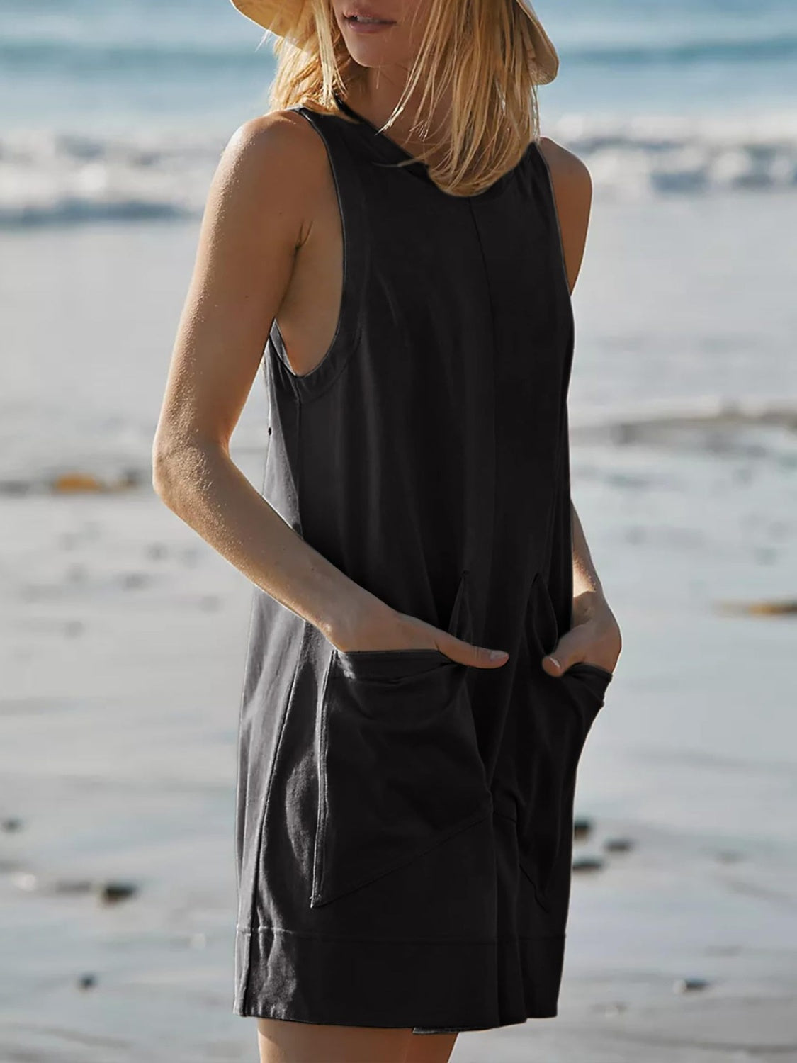 Round Neck Sleeveless Romper with Pockets - AMIN Clothing 