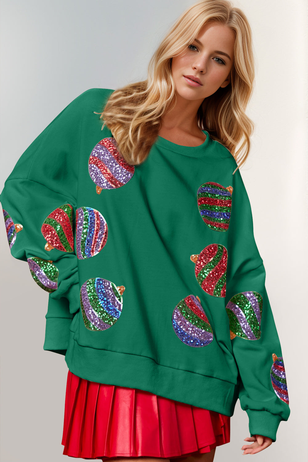 Double Take Christmas Element Sequin Round Neck Long Sleeve Sweatshirt - AMIN Clothing 