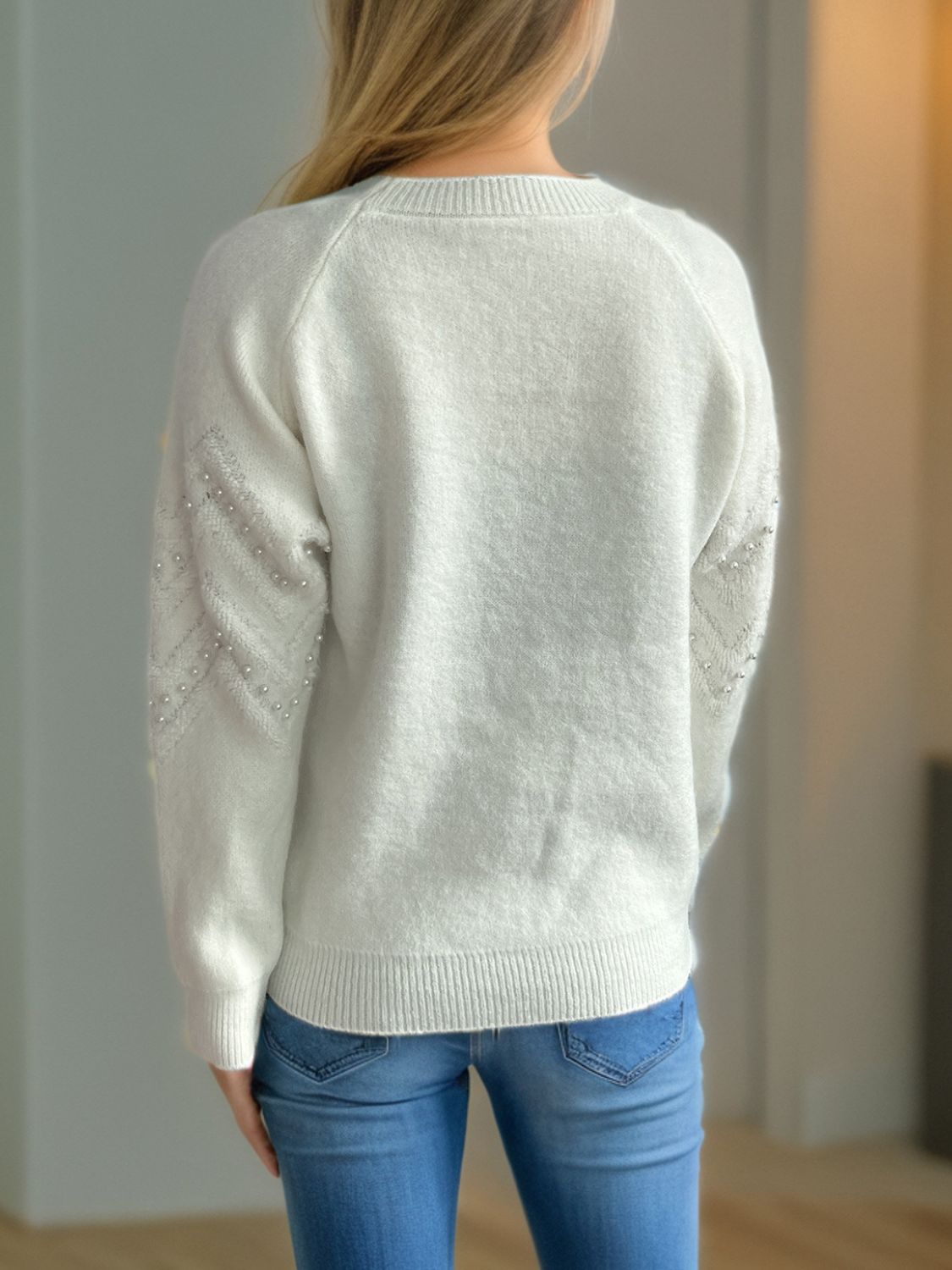 Pearl Trim Round Neck Raglan Sleeve Sweater - AMIN Clothing 