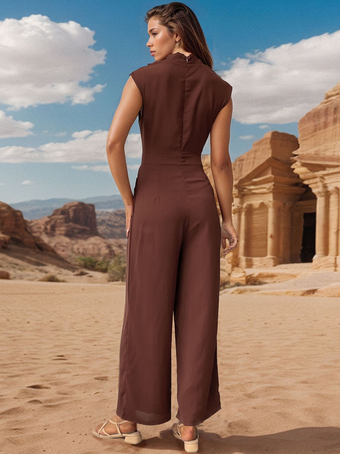 Perfee Ruched Mock Neck Sleeveless Jumpsuit - AMIN Clothing 