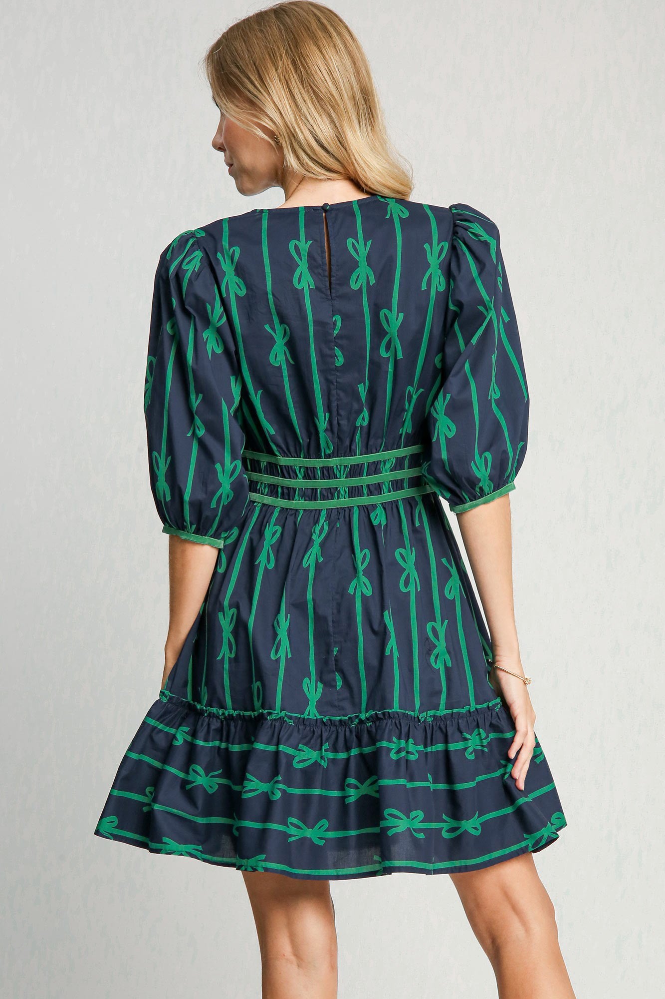 Umgee Ribbon Print Frill Contrast Velvet Trim Half Sleeve Dress - AMIN Clothing 