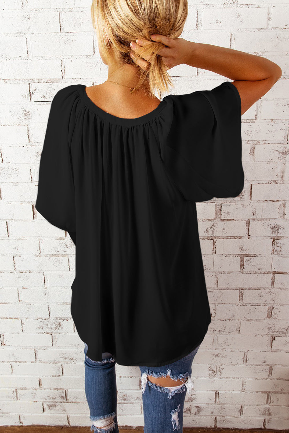 Gathered Detail Notched Neck Flutter Sleeve Top - AMIN Clothing 