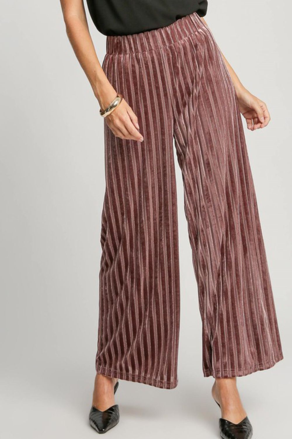 Umgee Full Size Elastic Waist Striped Wide Leg Velvet Pants - AMIN Clothing 