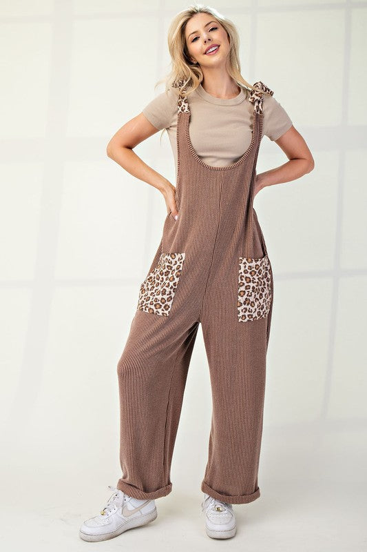 Celeste Full Size Ribbed Leopard Tied Shoulder Overalls - AMIN Clothing 