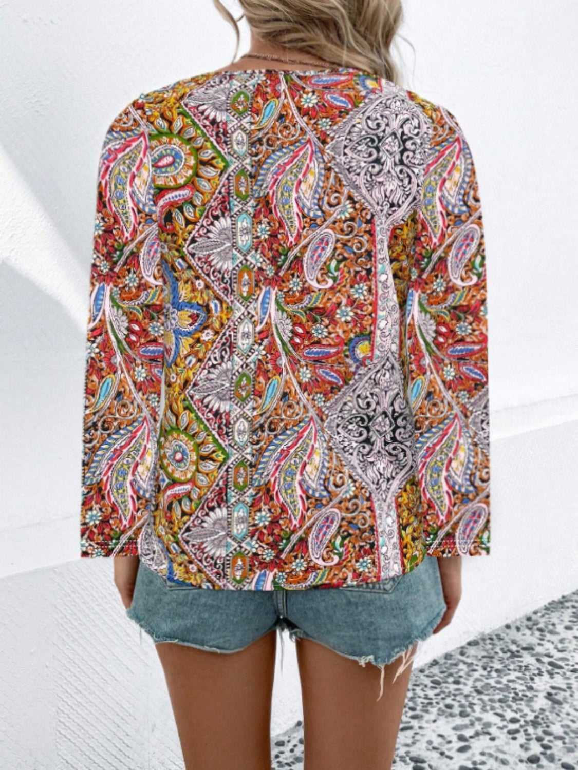 Printed V-Neck Long Sleeve Blouse - AMIN Clothing 