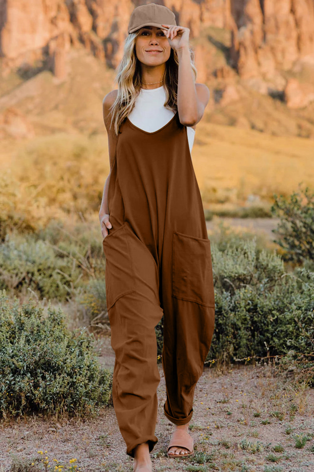 Double Take Full Size V-Neck Sleeveless Jumpsuit with Pockets - AMIN Clothing 