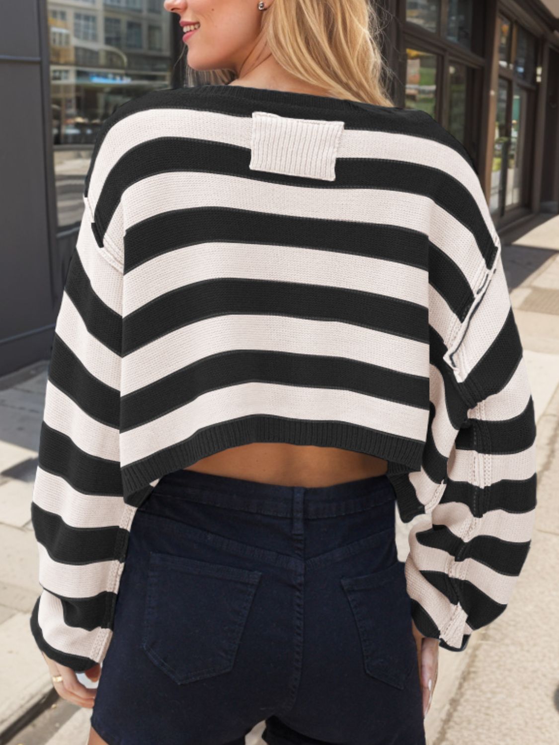 Striped Dropped Shoulder Long Sleeve Sweater - AMIN Clothing 