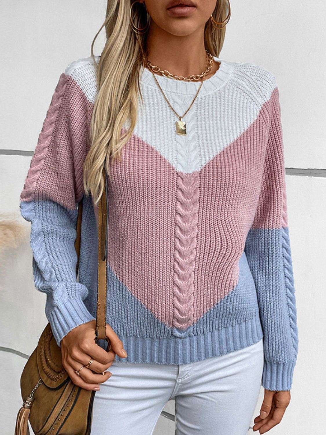 Color Block Round Neck Long Sleeve Sweater - AMIN Clothing 