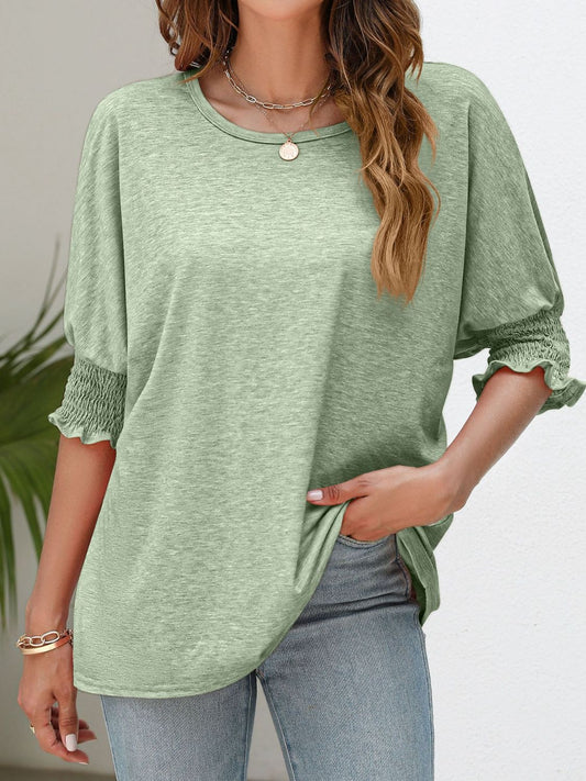 Smocked Flounce Sleeve Round Neck T-Shirt - AMIN Clothing 