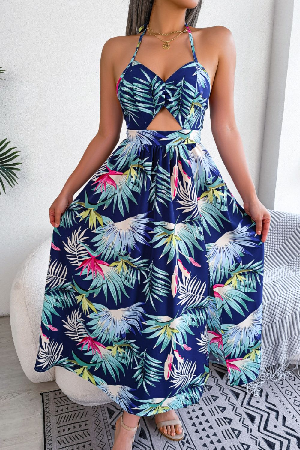 Botanical Print Tied Backless Cutout Slit Dress - AMIN Clothing 