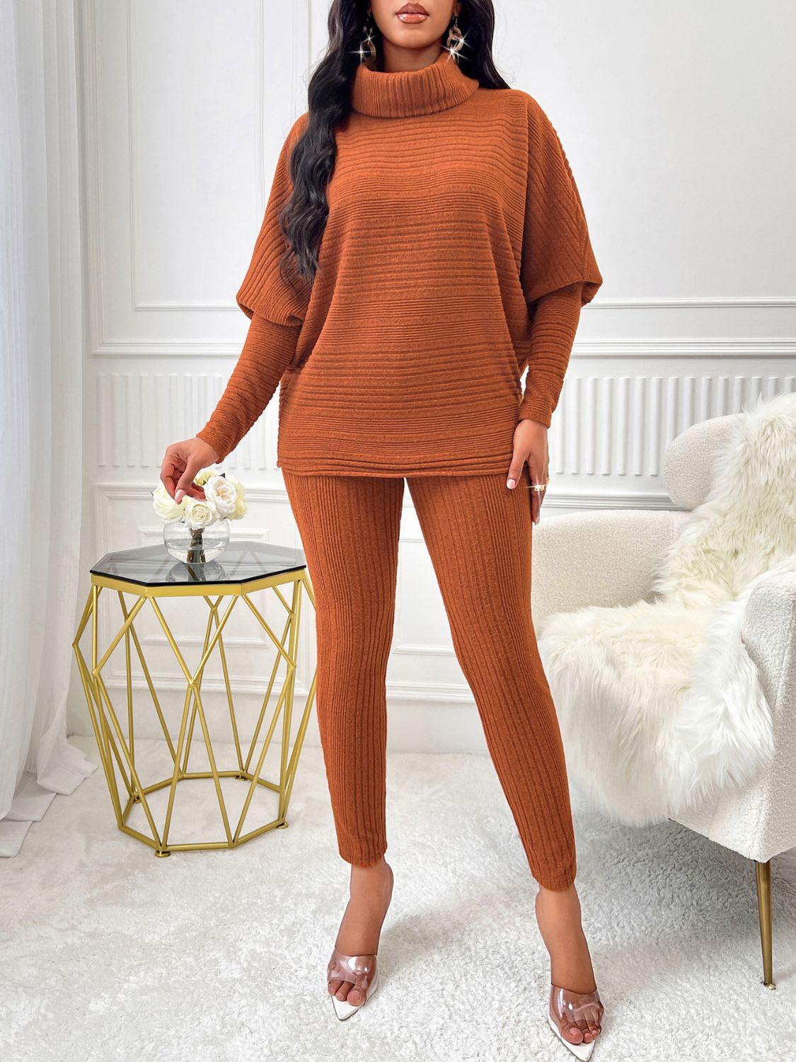 Turtleneck Batwing Sleeve Top and Pants Set - AMIN Clothing 