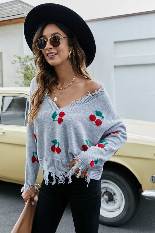 Cherry Pattern Frayed Trim V-Neck Sweater - AMIN Clothing 