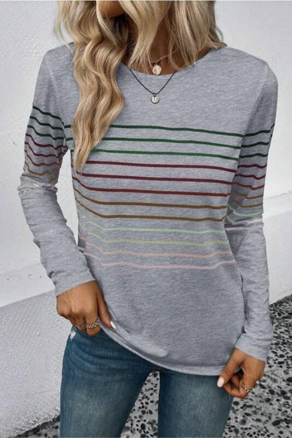 Striped Round Neck Long Sleeve T-Shirt - AMIN Clothing 