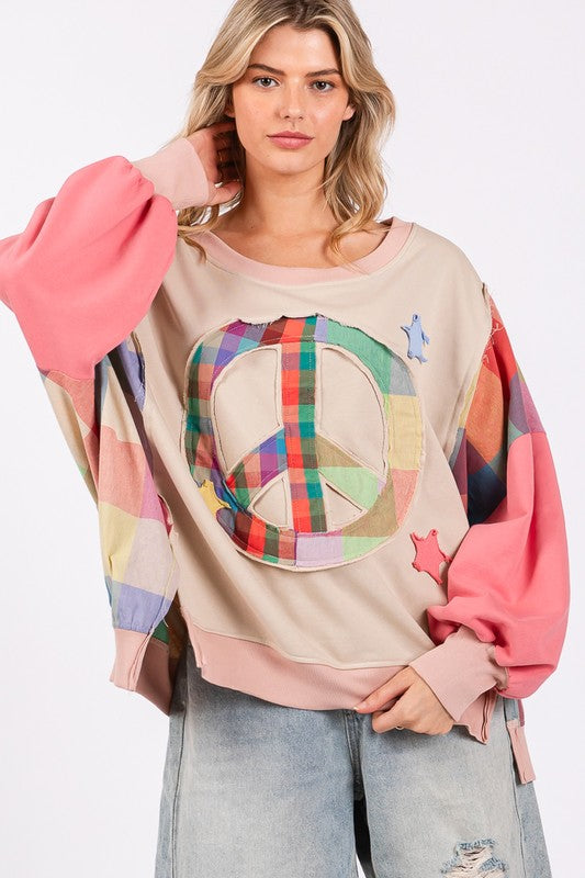 SAGE + FIG Full Size Contrast Peace Patch Dropped Shoulder Sweatshirt - AMIN Clothing 