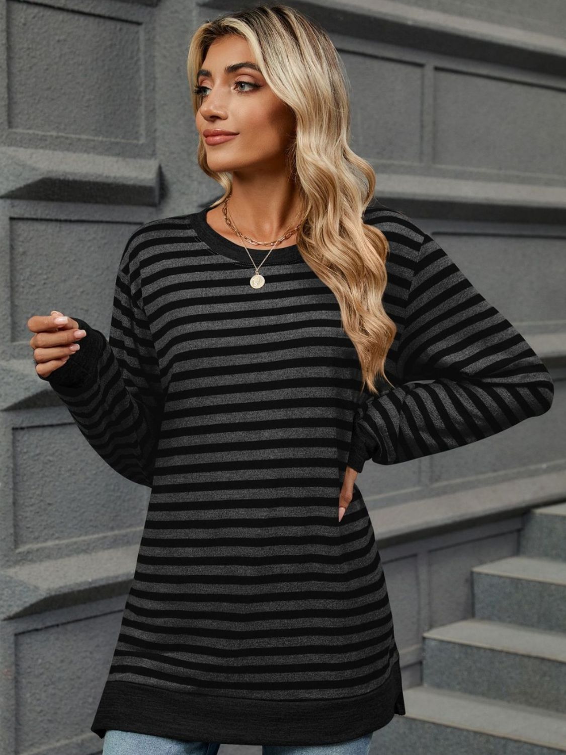 Striped Round Neck Long Sleeve T-Shirt - AMIN Clothing 