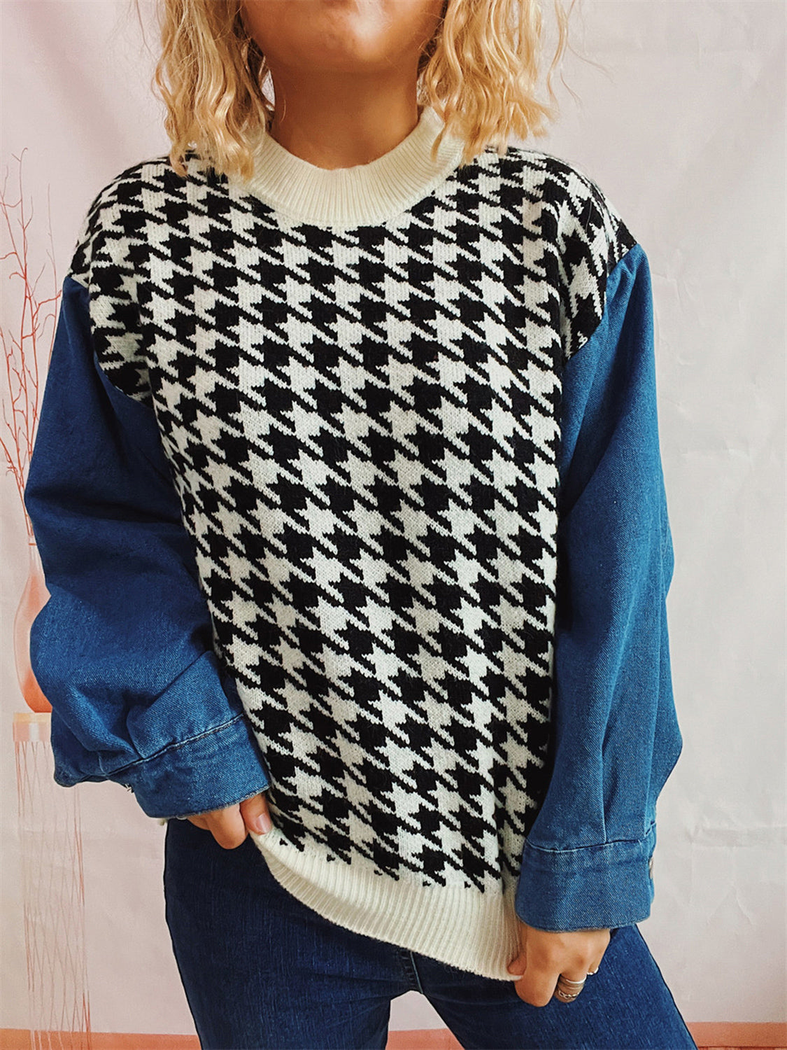 Houndstooth Denim Sleeve Sweater - AMIN Clothing 