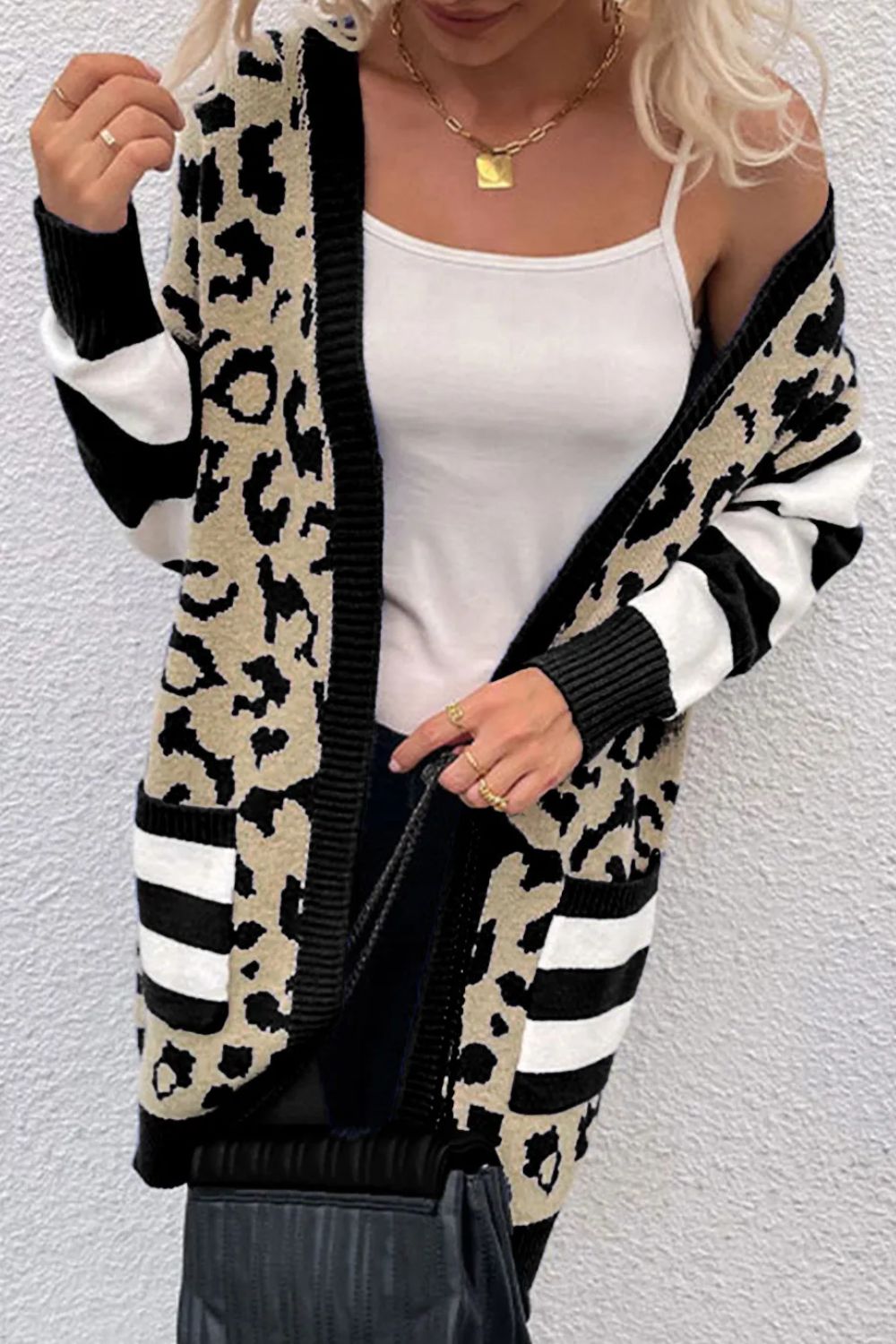 Leopard Open Front Long Sleeve Cardigan - AMIN Clothing 