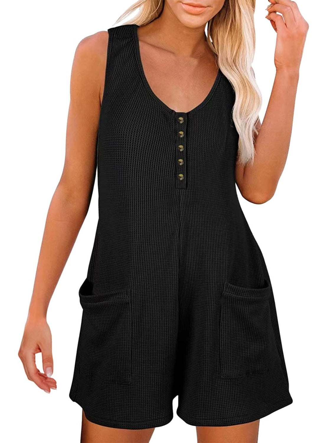 Full Size Pocketed Scoop Neck Sleeveless Romper - AMIN Clothing 