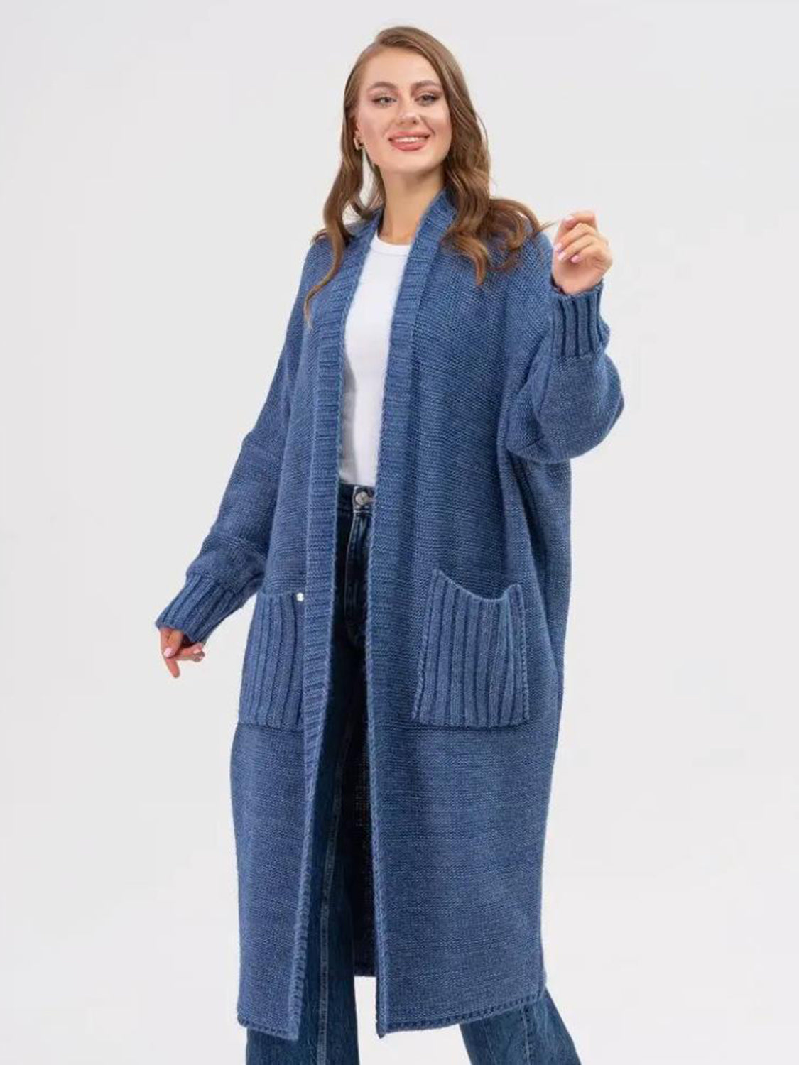 Pocketed Open Front Long Sleeve Longline Cardigan - AMIN Clothing 