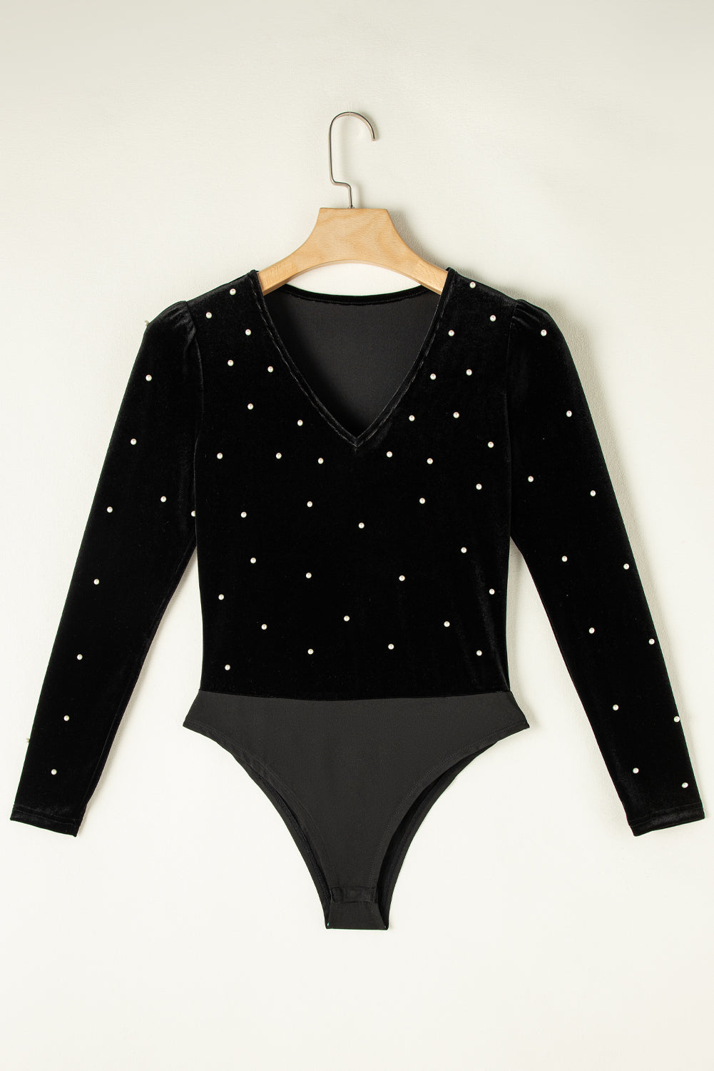 Pearl Detail Velvet V-Neck Long Sleeve Bodysuit - AMIN Clothing 