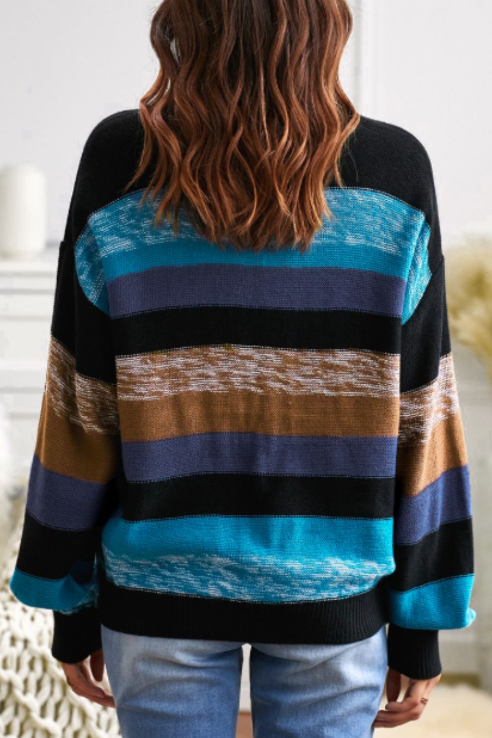 Contrast Striped Round Neck Drop Shoulder Sweater - AMIN Clothing 