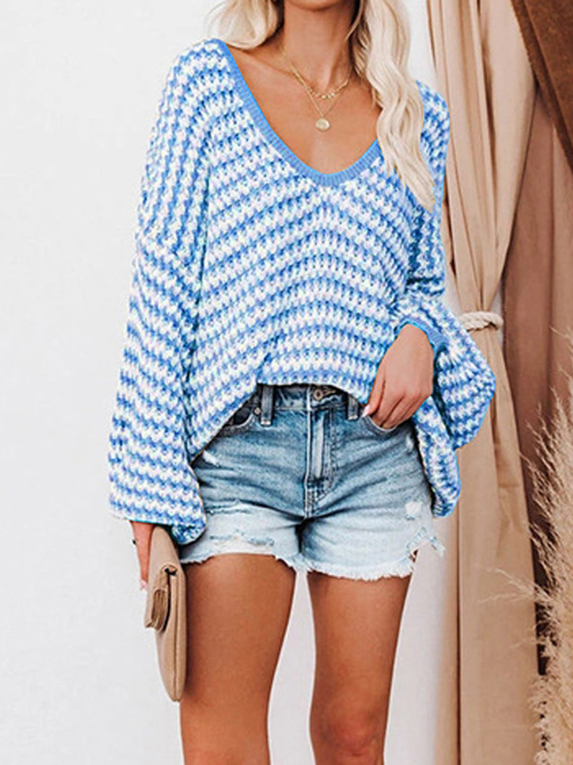 Striped Drop Shoulder V-Neck Sweater - AMIN Clothing 