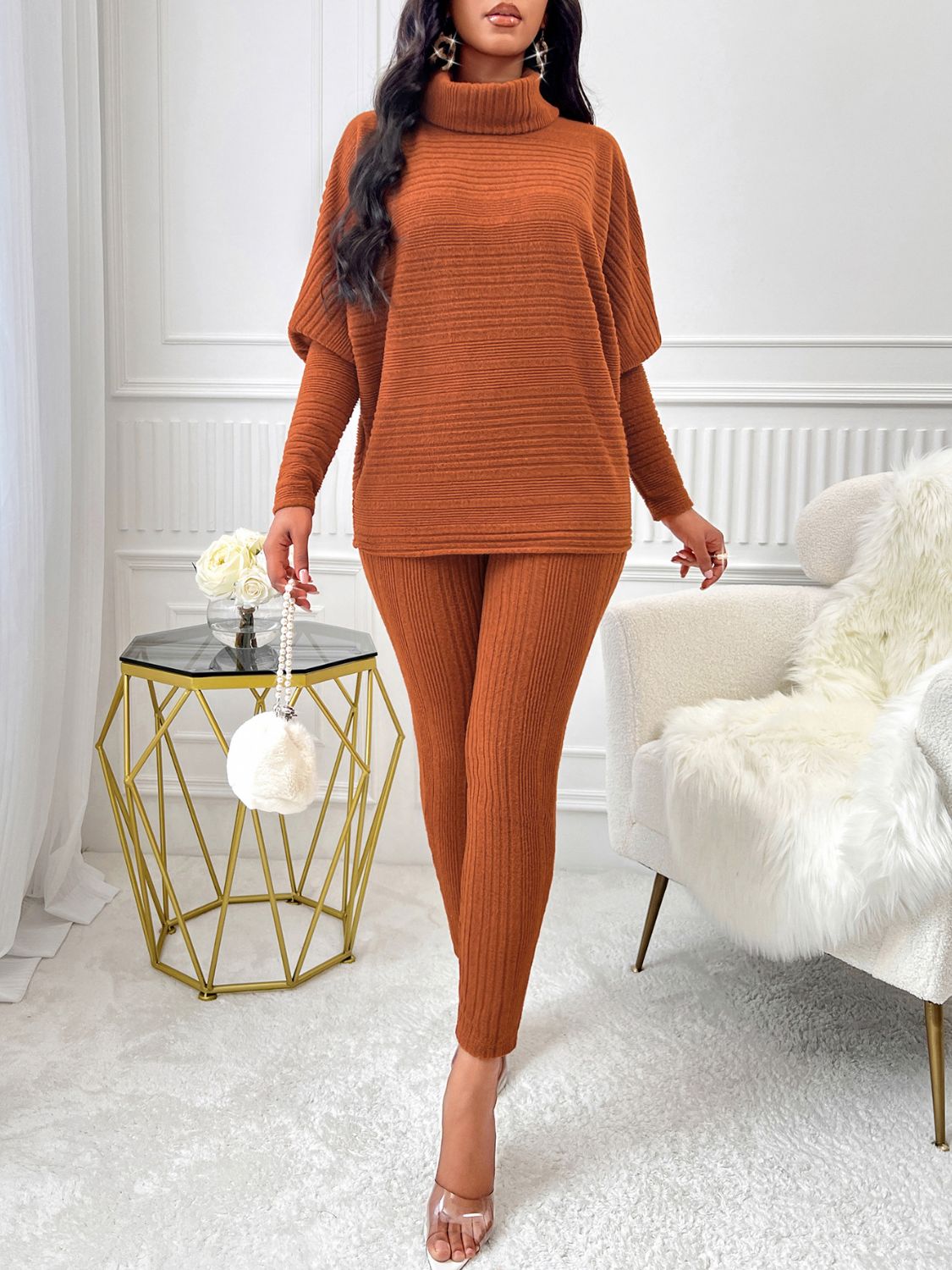 Turtleneck Batwing Sleeve Top and Pants Set - AMIN Clothing 