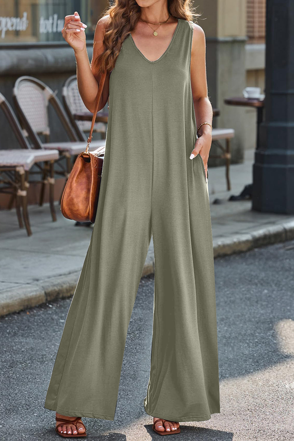 Full Size V-Neck Wide Strap Jumpsuit - AMIN Clothing 