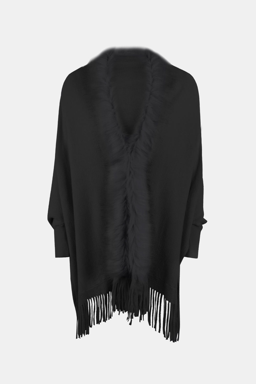 Fringe Open Front Long Sleeve Poncho - AMIN Clothing 