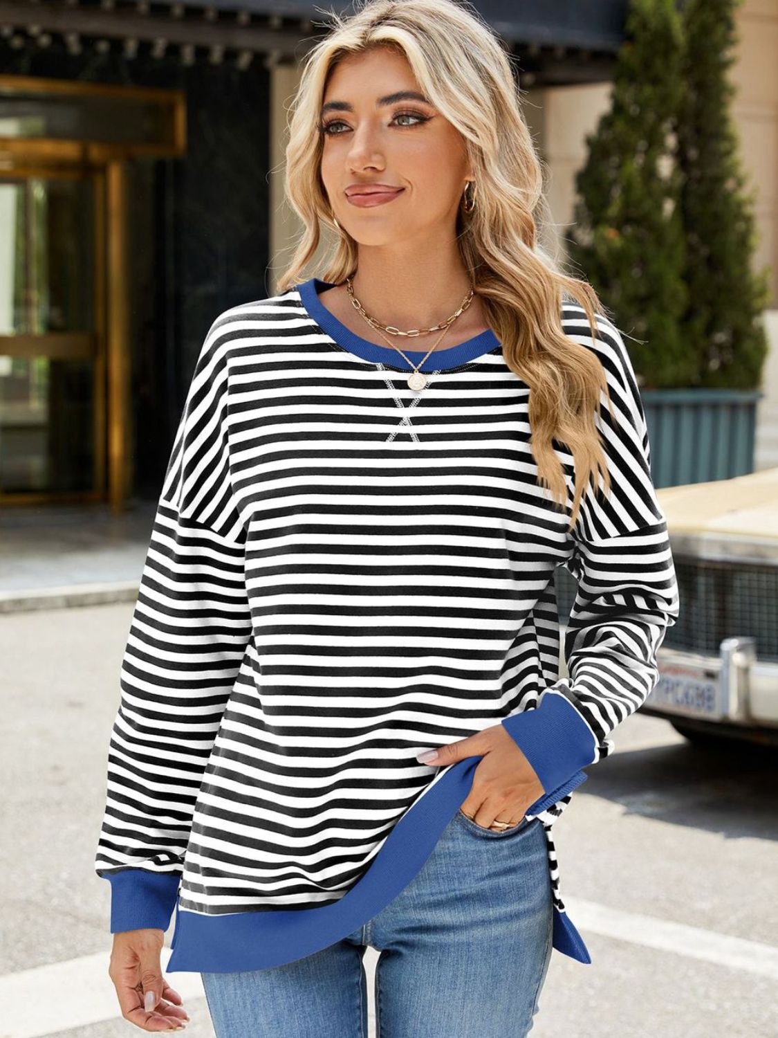 Slit Striped Round Neck Long Sleeve Sweatshirt - AMIN Clothing 