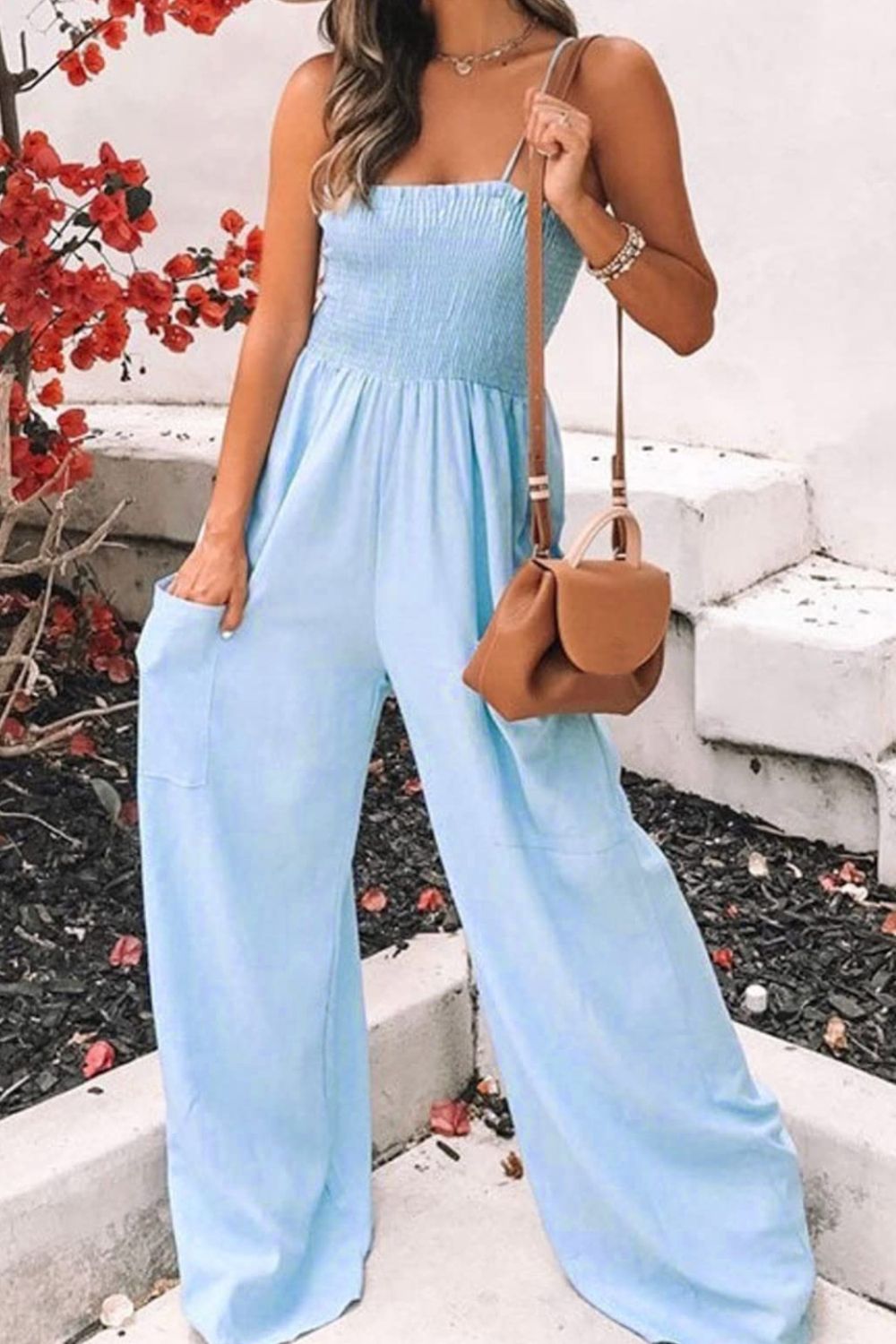 Smocked Spaghetti Strap Wide Leg Jumpsuit - AMIN Clothing 