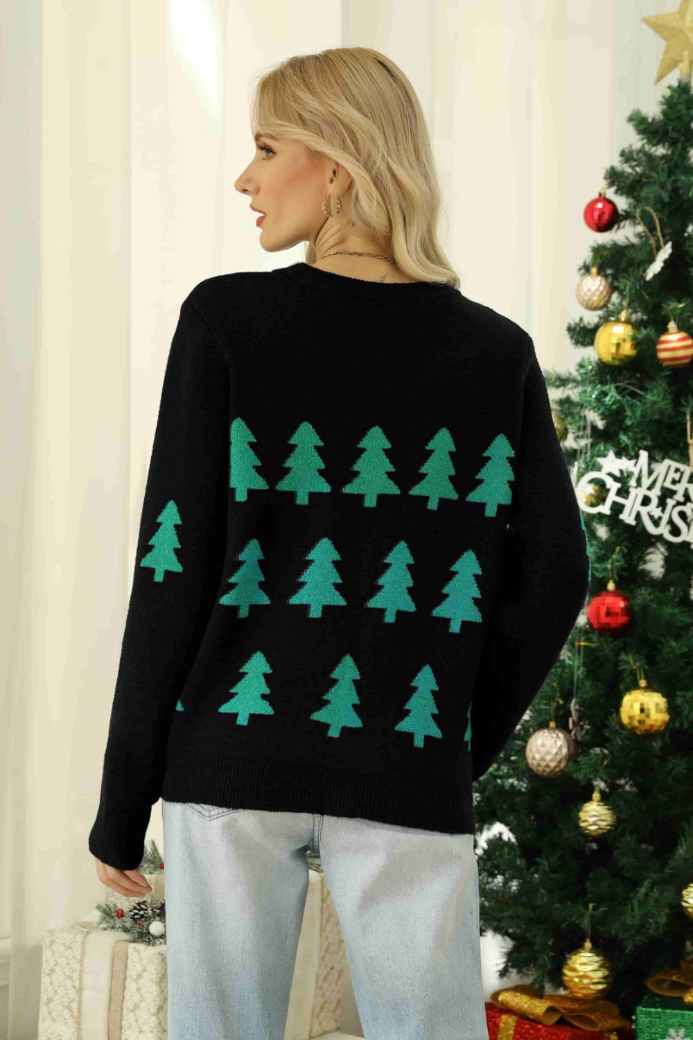 Christmas Tree Round Neck Ribbed Trim Sweater - AMIN Clothing 