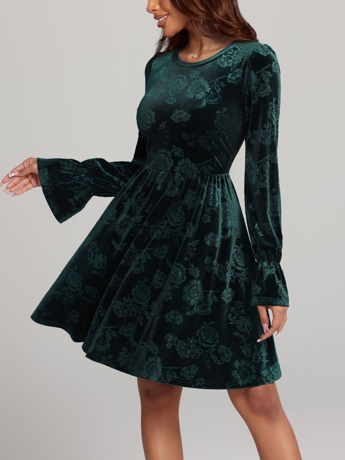 Tied Flower Print Round Neck Flounce Sleeve Dress - AMIN Clothing 