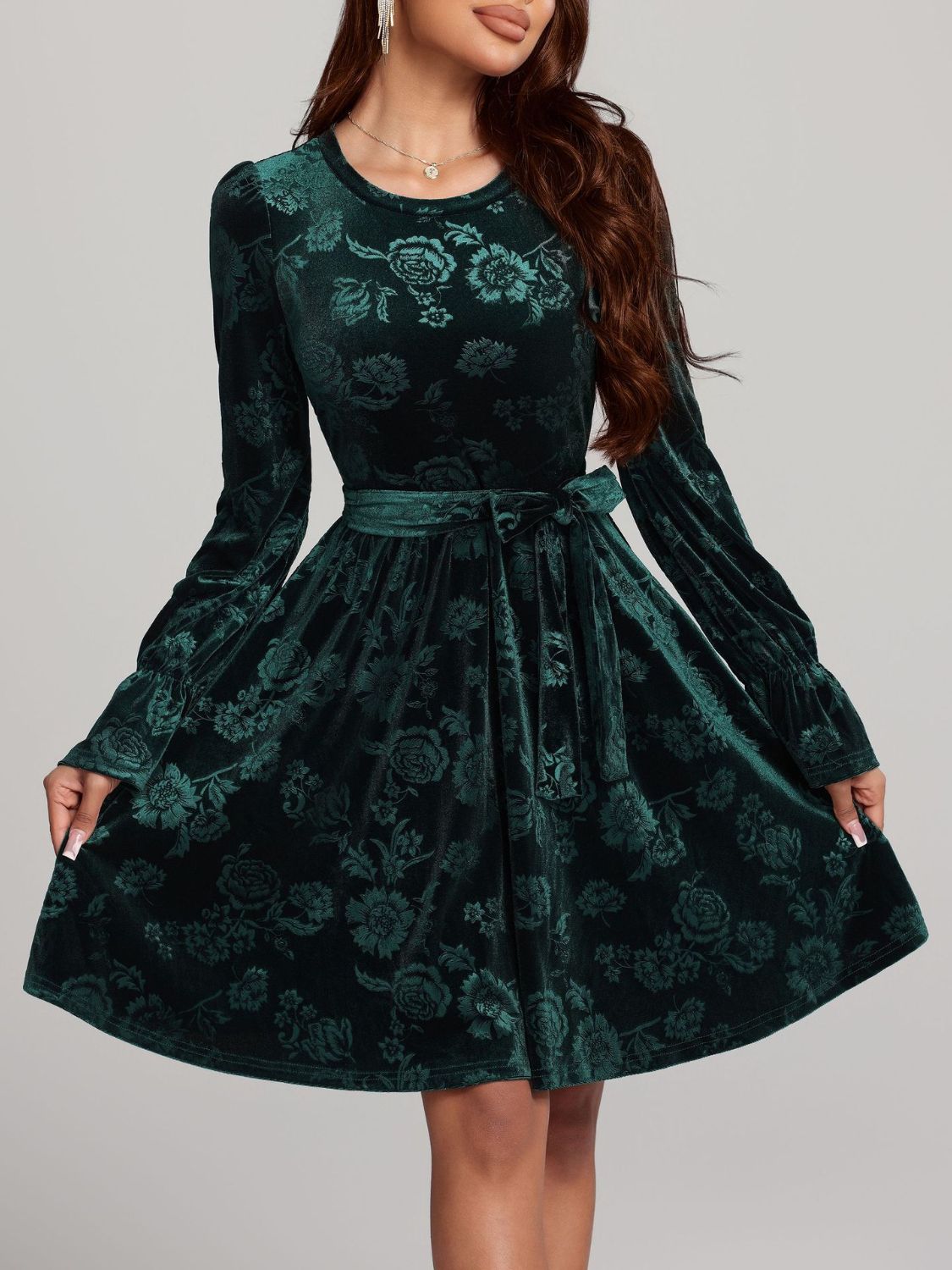 Tied Flower Print Round Neck Flounce Sleeve Dress - AMIN Clothing 