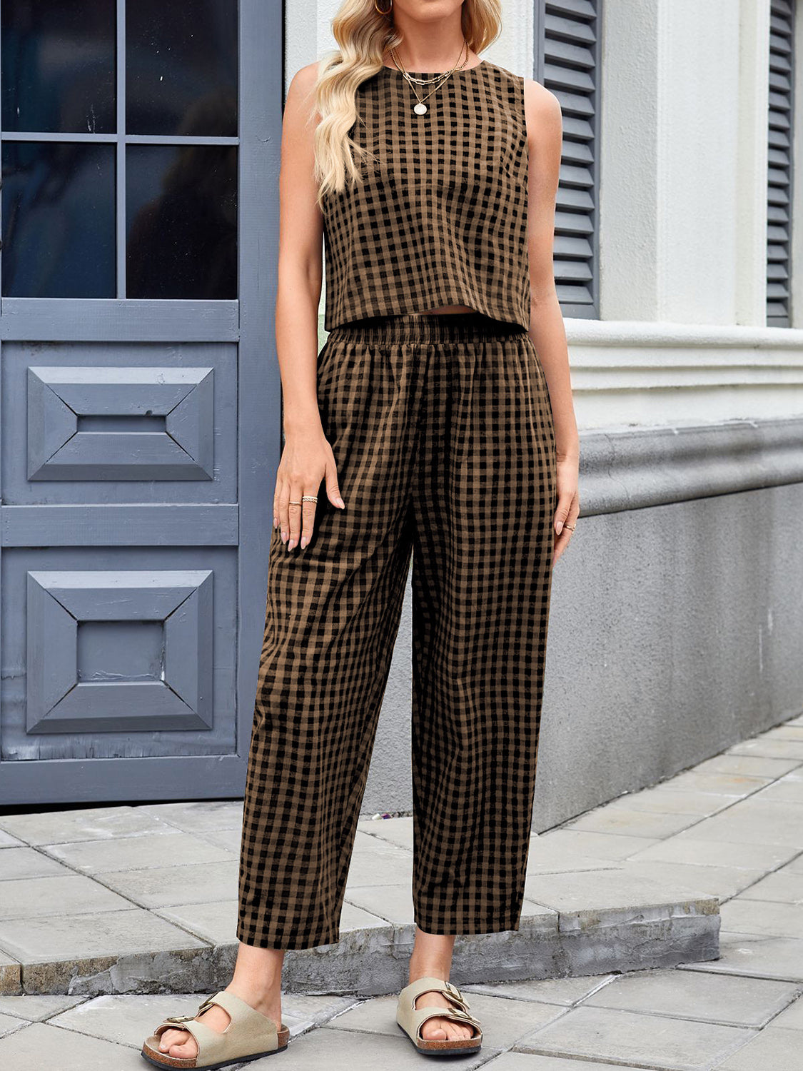 Lovelet Plaid Round Neck Sleeveless Top and Pants Set - AMIN Clothing 