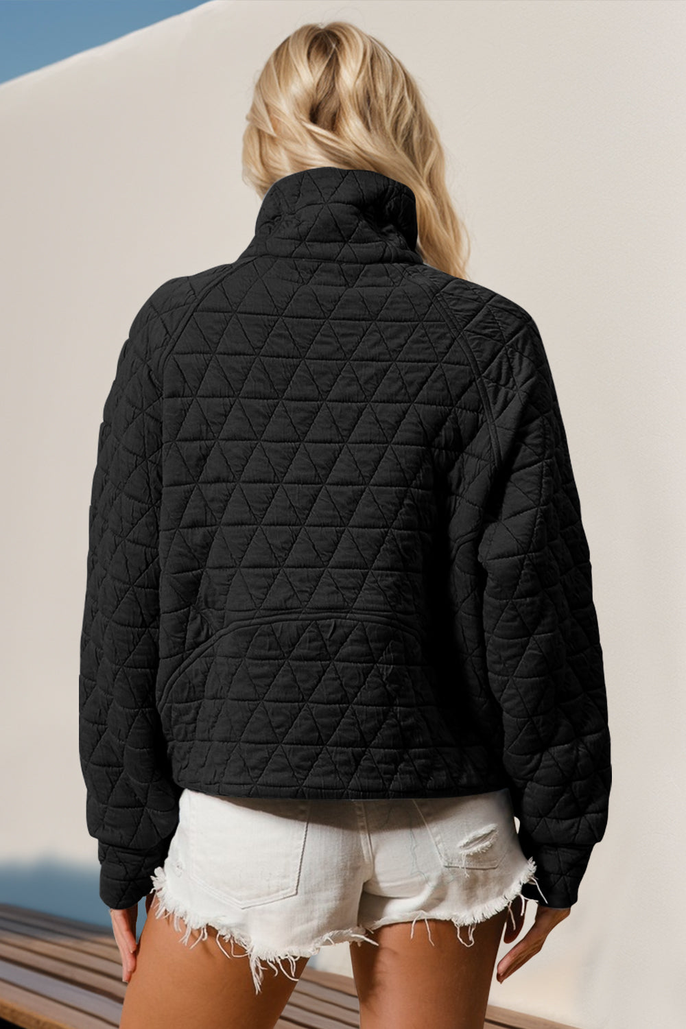 Double Take Half Zip Long Sleeve Quilted Sweatshirt with Pocket - AMIN Clothing 