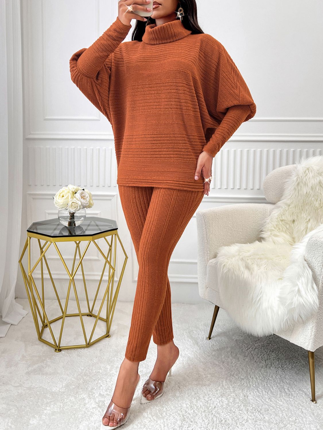 Turtleneck Batwing Sleeve Top and Pants Set - AMIN Clothing 