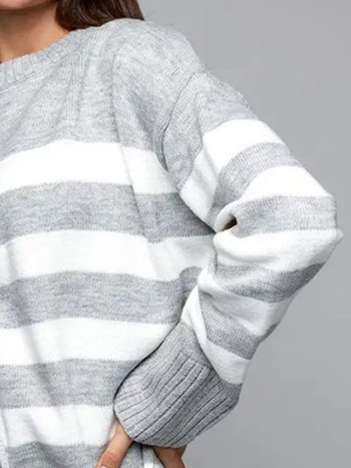 Slit Striped Round Neck Sweater - AMIN Clothing 