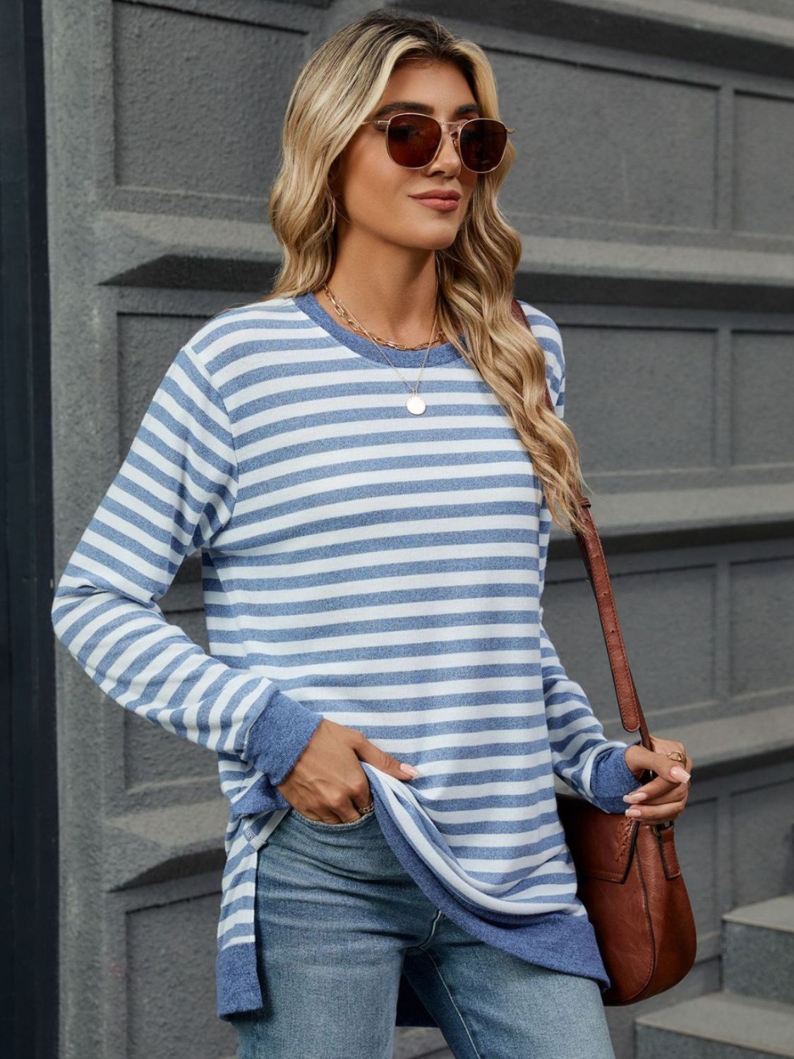 Striped Round Neck Long Sleeve T-Shirt - AMIN Clothing 