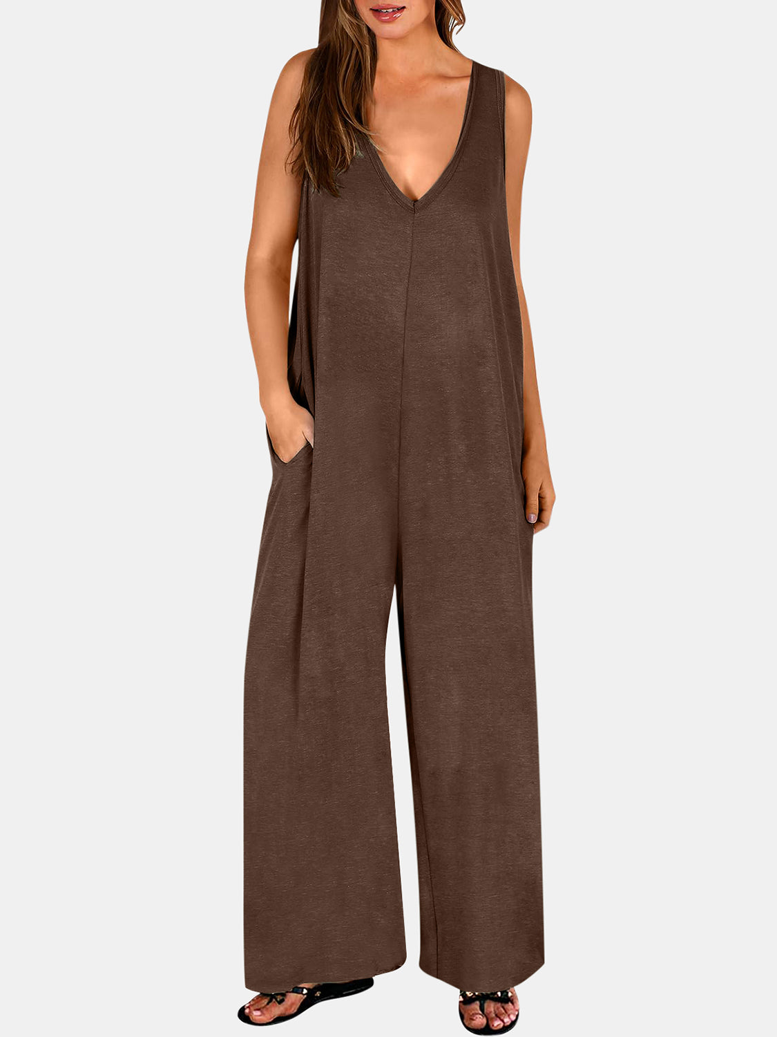 Full Size V-Neck Wide Strap Jumpsuit - AMIN Clothing 