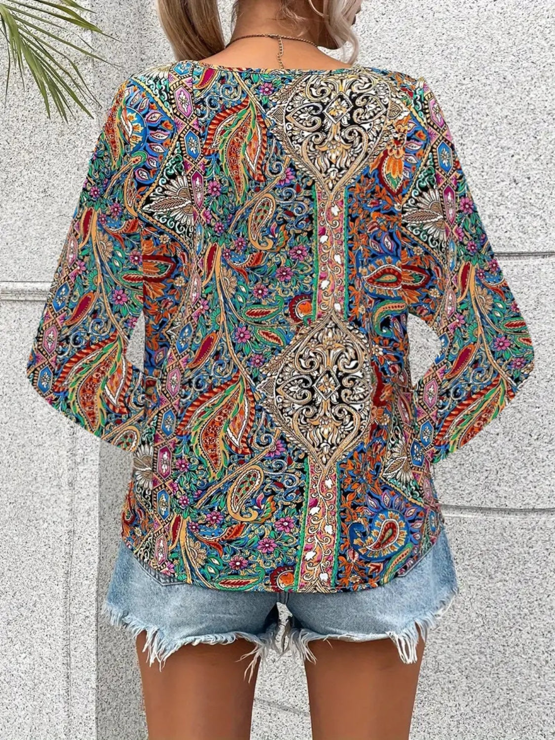 Printed V-Neck Long Sleeve Blouse - AMIN Clothing 