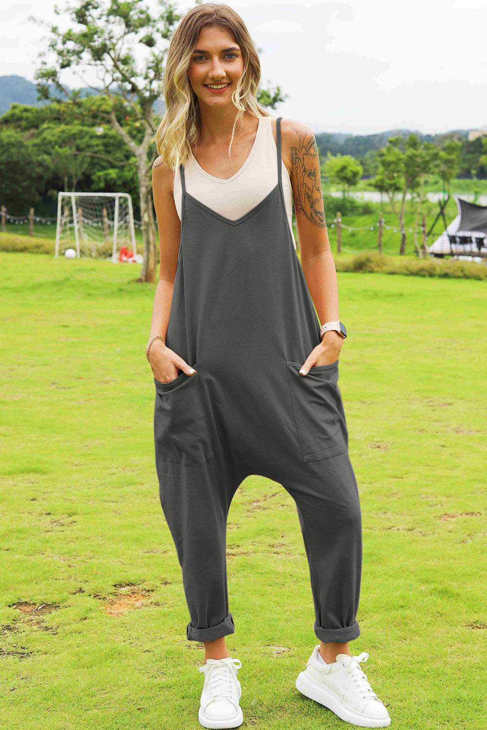 Double Take Full Size Sleeveless V-Neck Pocketed Jumpsuit - AMIN Clothing 