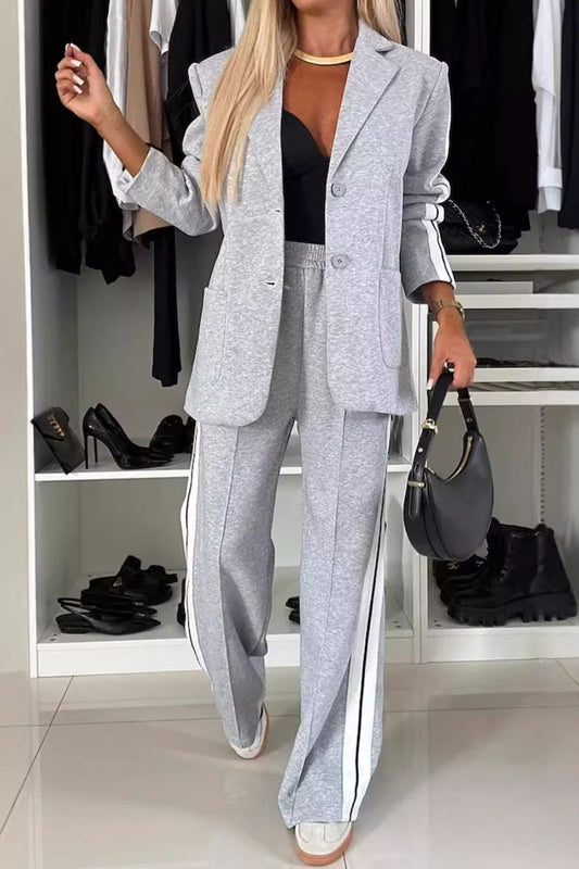 Full Size Contrast Lapel Collar Top and Pants Set - AMIN Clothing 